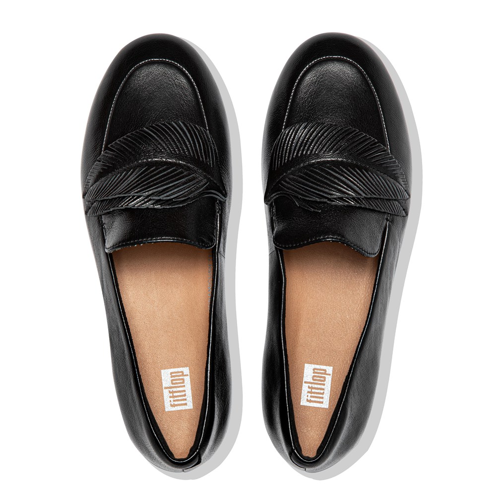 Fitflop Womens Loafers - Lena Feather Metallic Leather - Black - 623-HFPWEV